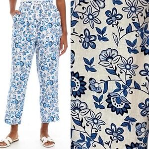 Kim Rogers Blue White Floral Linen Pull on‎ Crop Pant Coastal Resort Beach XXL
